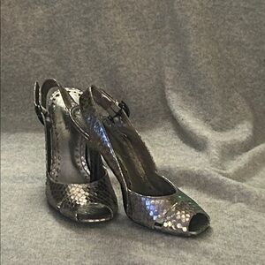 BCBGirls Metallic Silver Peep-Toe Heels